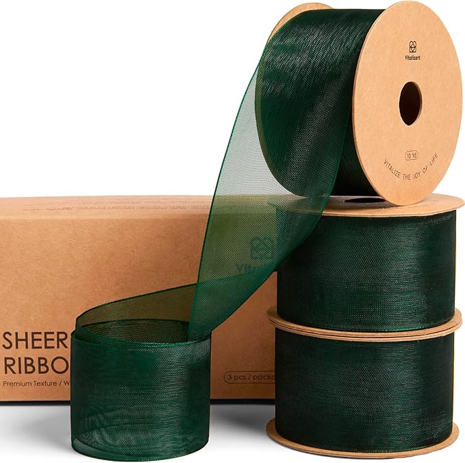 Vitalizart Green Organza Ribbon 1.5" x 30 Yd Sheer Ribbons Dark Green by Vitalizart