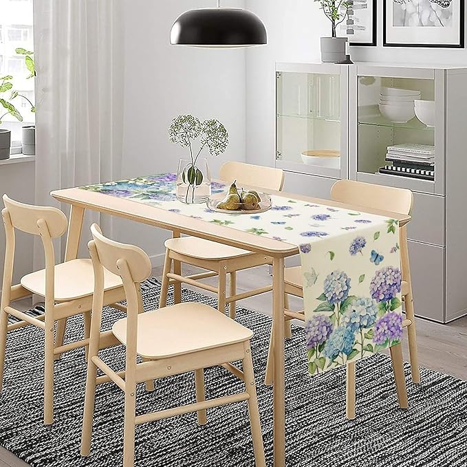 Spring Hydrangea Flower Table Runner, Seasonal Summer Plants Watercolor Florals - Image 3