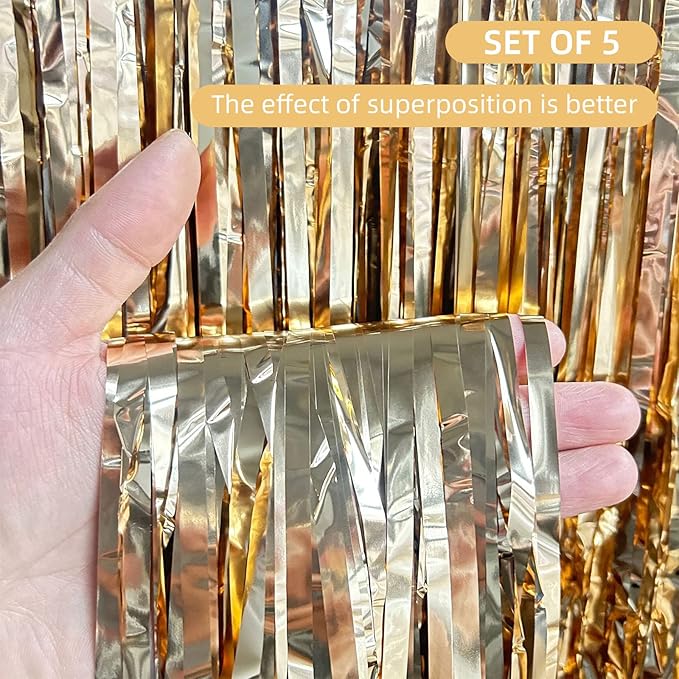 5 Pack Champagne Gold Foil Curtain Backdrop 3.2ft x 9.8ft Metallic Tinsel Foil - Image 2