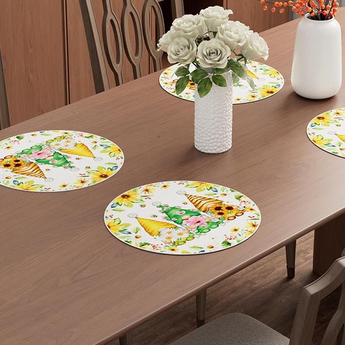 XCHI Daisies Flowers Gnomes Spring Round Placemats Set of 4 Table Mats Summer - Image 4