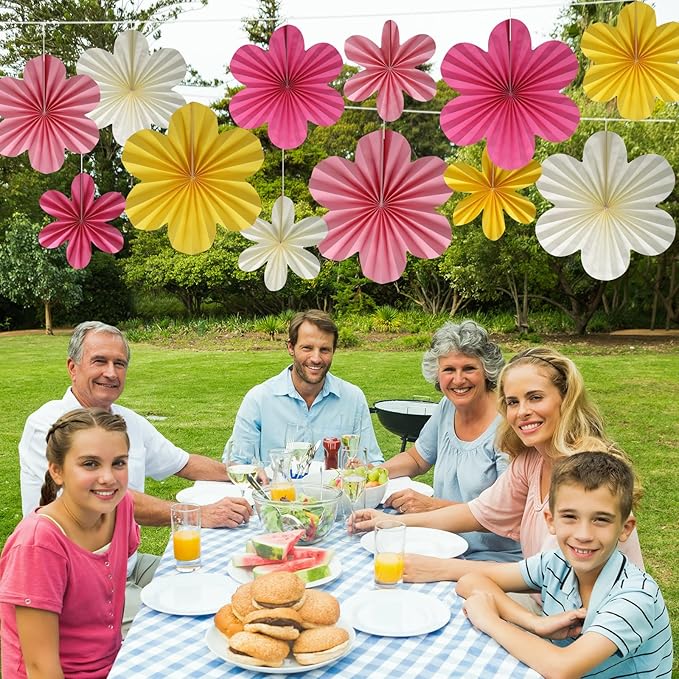 BestoFun 12 PCS Paper Flowers Fans Pink and Yellow Party Decorations Paper - Image 7