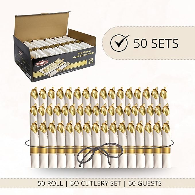 Neatiffy 50 Pack Gold Plastic Silverware Set, Pre Rolled Napkin and Cutlery Set - Image 6