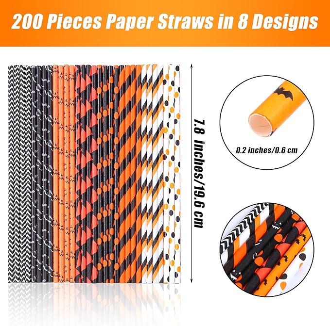Cooraby 200 Pieces Halloween Paper Straws Pumpkin Bat Spider Web Pattern Straws - Image 2