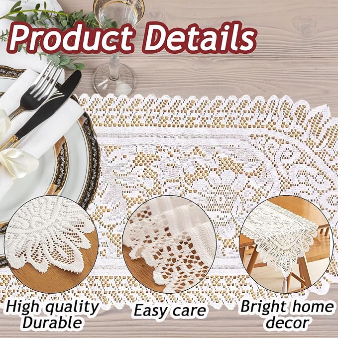 Tinsow 2 Pack Cotton Crochet Lace Rectangular Table Runner Dresser Scarf Doilies - Image 3