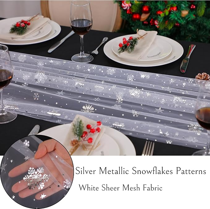 Snowkingdom 6 Pcs Christmas Snowflake Table Runners, 120 Inch Sheer Chiffon - Image 2