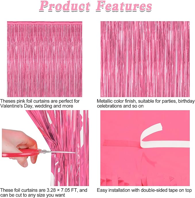 12 Pack Pink Backdrop, 3.28 FT x 7.05 FT Foil Fringe Curtains, Metallic Pink - Image 4
