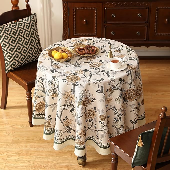 ISAENNE Designer Vintage Linen Round Table Cloth, Floral and Bird Pattern - Image 6