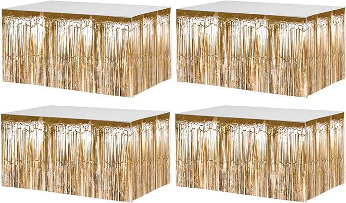 4 Pack 29x108 Inch Metallic Foil Fringe Tinsel Table Skirts by Clayghsen