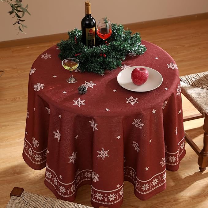 ISAENNE Designer Christmas Red Small Round Tablecloth, Linen Table Cloth - Image 6