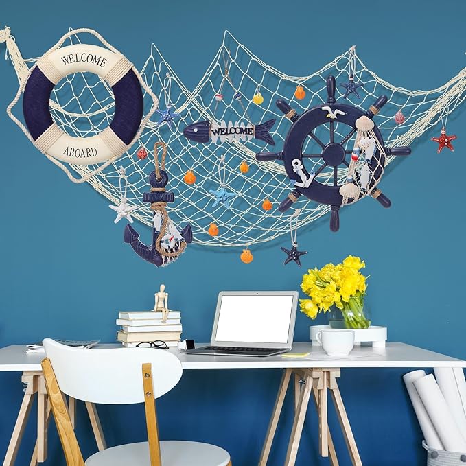 Marsui 11 Pcs Wooden Nautical Wall Decor Fishing Net Decoration, Include - Image 6