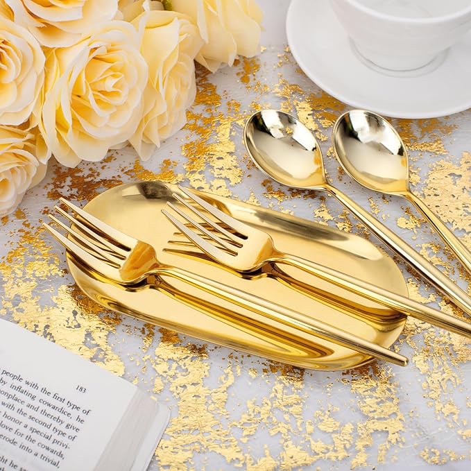 SUT 200PCS Gold Plastic Forks and Spoons Heavy Duty Set, Disposable Utensils - Image 2
