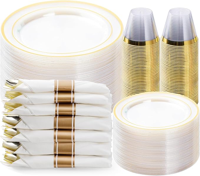 BESTVIP 350PCS Clear Gold Plastic Dinnerware Set by Bestvip