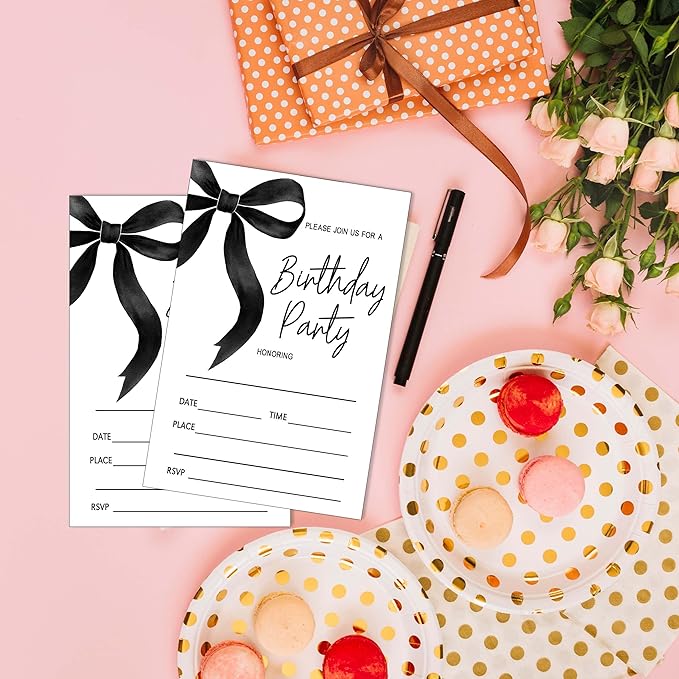 SIXEIGHT Black Bow Birthday Invitations, 20 Party Invitations - Image 4