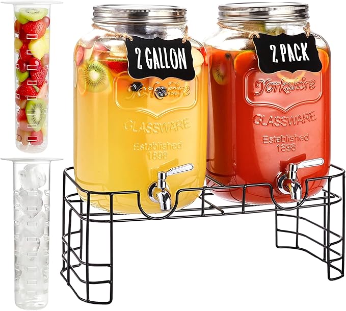 2 Gallon Glass Drink Dispenser for Parties, 2 Pack Beverage Dispenser by JILLSKY