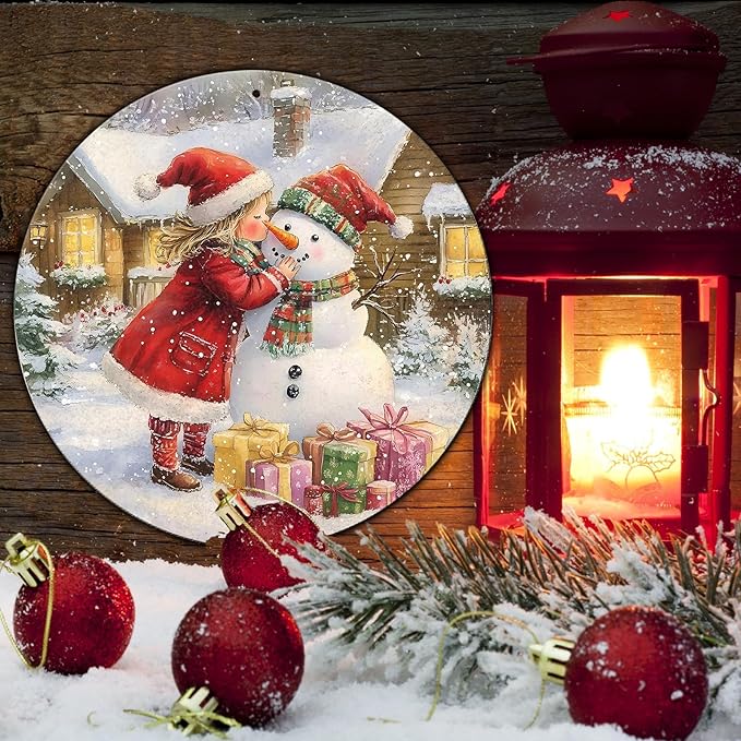 Round Wall Decor Christmas Metal Tin Sign Girl and Snowman Sign Rustic Wall - Image 5