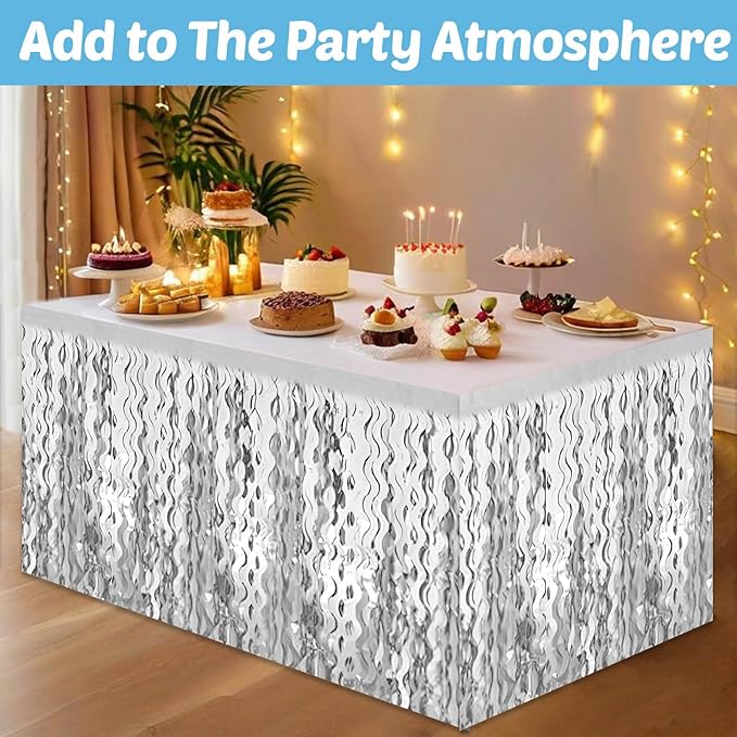 6 Pack 29x108 Inch Silver Wave Foil Fringe Table Skirts Metallic Banner - Image 4