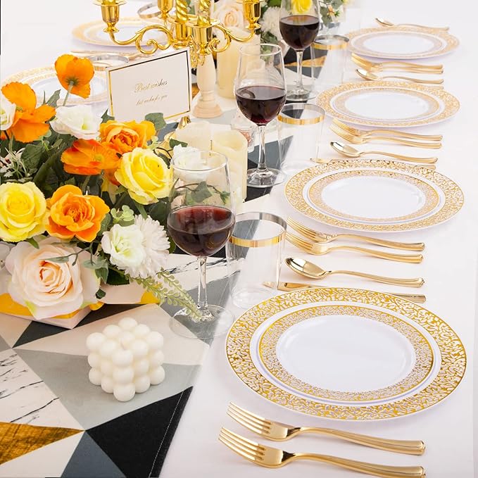 WELLIFE 175 PCS Gold Plastic Plates, Includes: 25 Dinner plates, 25 Salad Plates - Image 5