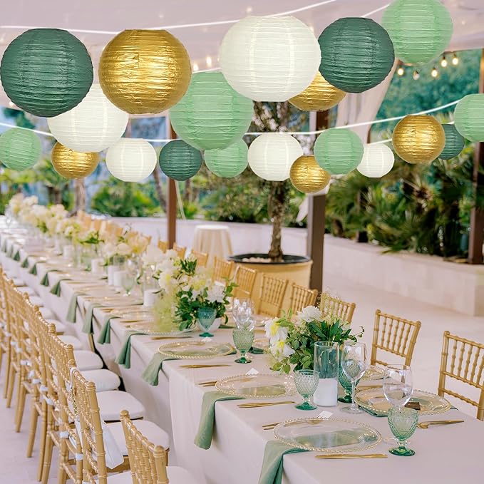ADLKGG Sage Green Gold Paper Lanterns Decorative, Round Hanging Paper Lanterns - Image 2