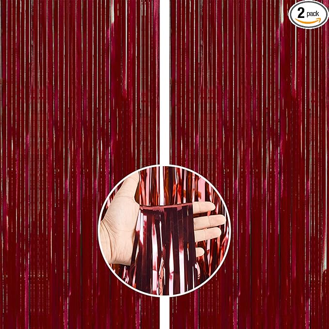 PartyWoo Red Streamers Fringe Curtain Backdrop 2pcs 8.2 ft Red Tinsel Foil by PartyWoo