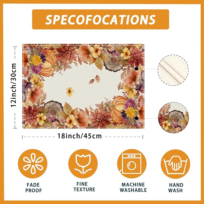 XCHI Fall Color Wild Flowers Watercolor Placemats Set of 4 - Image 5