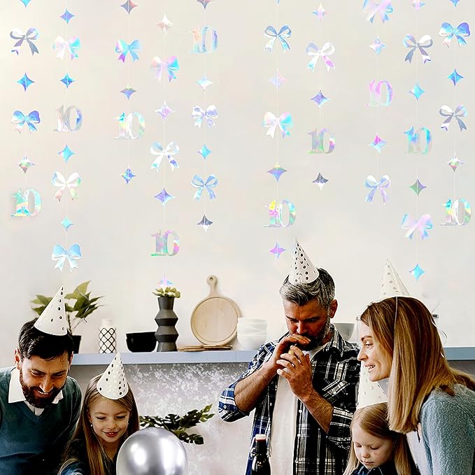 Iridescent 10th Bow Birthday Decorations Glitter Conquette Bow Garland Streamer - Image 5