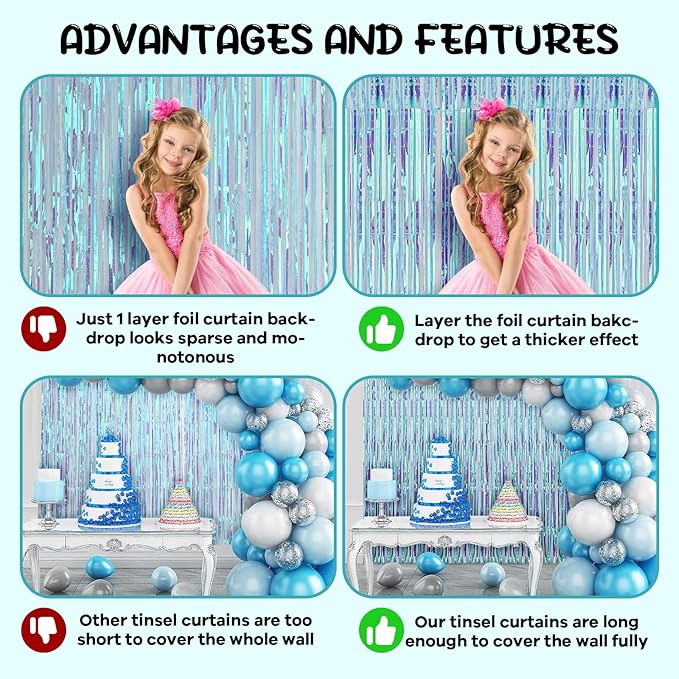 4 Pack 3.3x8.2 Feet Neon Iridescent Foil Fringe Backdrop Curtains, Tinsel - Image 5