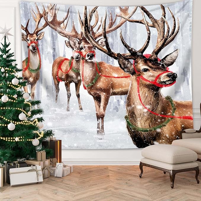 QGHOT Winter Tapestry Wall Hanging Winter Forest Backdrop Christmas Snowy Deer - Image 3