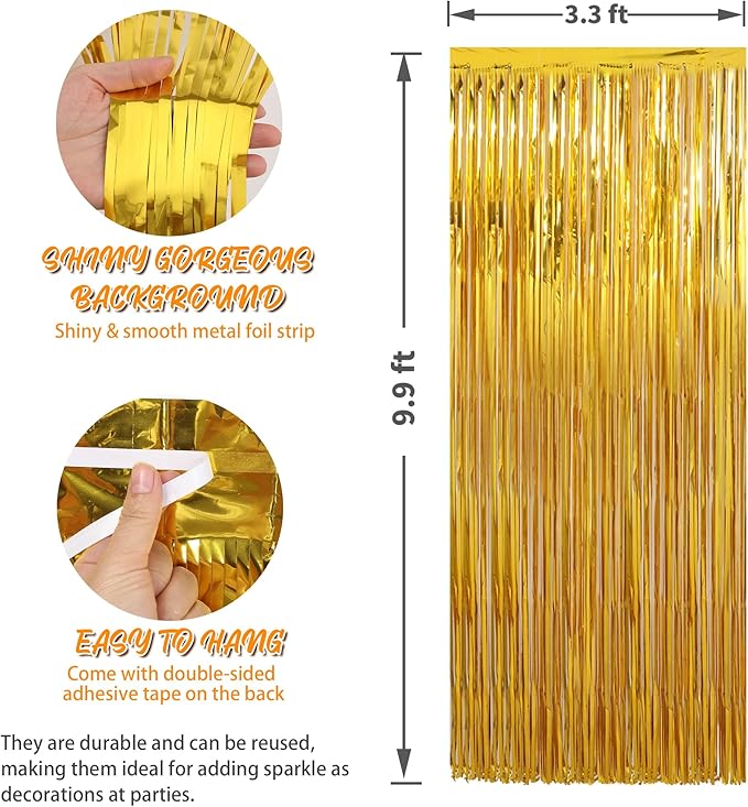 Crosize 2 Pack 3.3 x 9.9 ft Gold Foil Fringe Curtains Party Decorations - Image 2