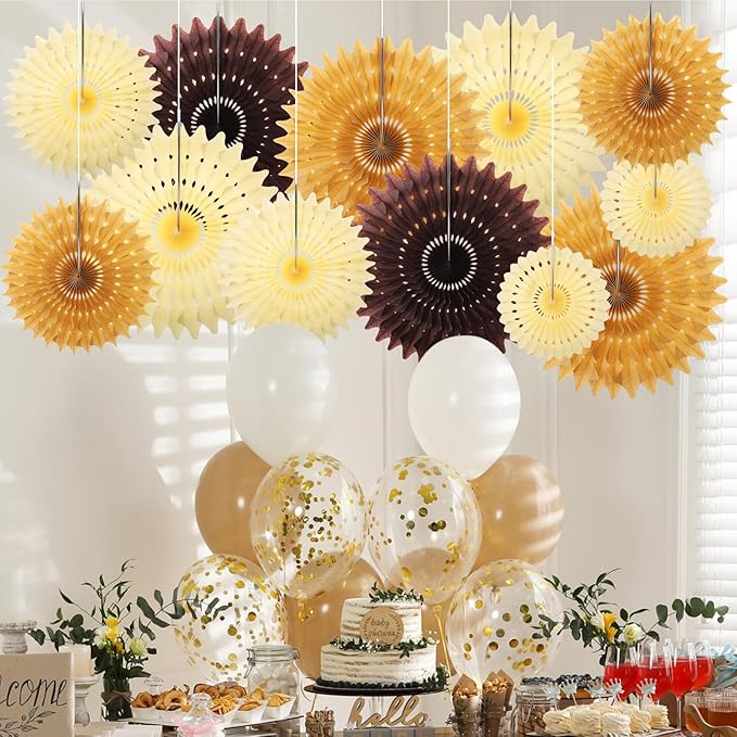 Outus 12 Pcs Hanging Honeycomb Paper Fans Sets, Fiesta Brown and Beige Party - Image 4