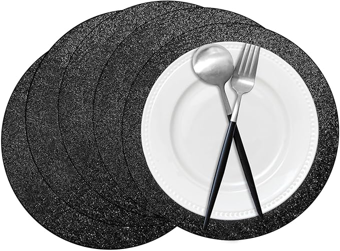 50 Pieces Black Glitter Paper Place Mats Sparkle 14'' Round Disposable Table by Datyiiha