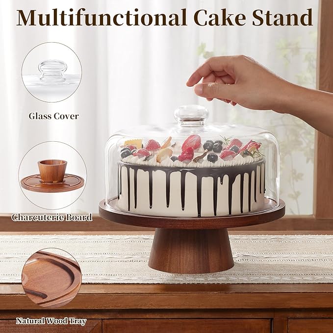 Wooden Cake Stand with Lid, Acacia Cake Stand with Glass Dome, 11-Inch - Image 3