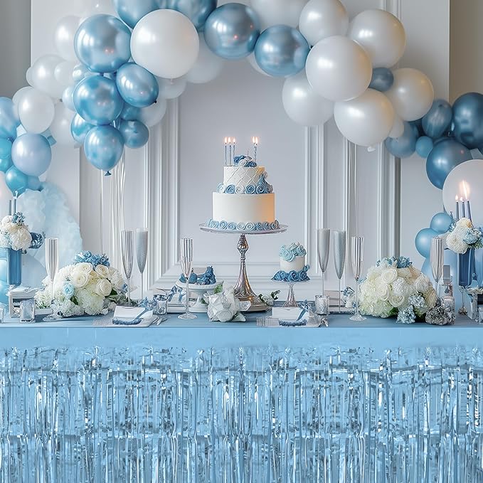 4 Pack Light Blue Table Skirts, 29x108" Metallic Foil Tinsel Fringe Table Skirts - Image 5