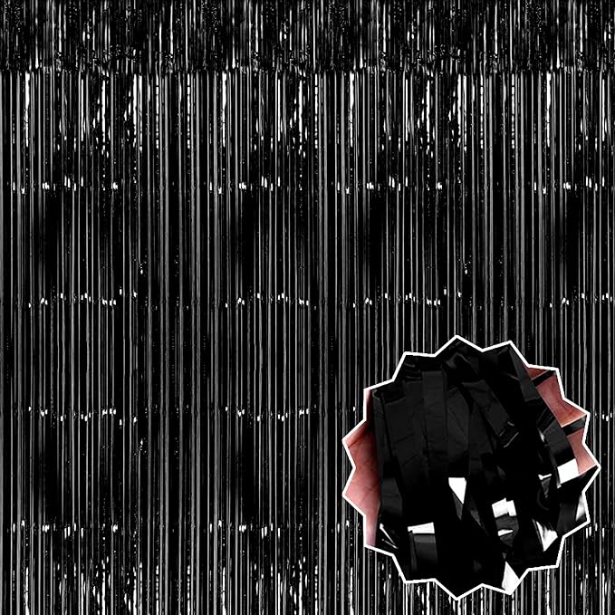 6 Pack Black Foil Fringe Curtains Backdrop, 3.28 x 8.2 Ft Metallic Streamers by LANTIANCHEN