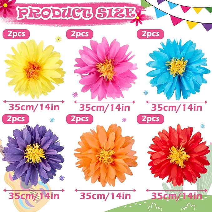 12PCS Mexican Paper Flowers Colorful Fiesta Tissue Paper Flowers Pom Poms - Image 2