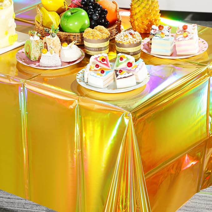 8 Pack Gold Iridescent Plastic Tablecloths Shiny Disposable Laser Rectangle - Image 5