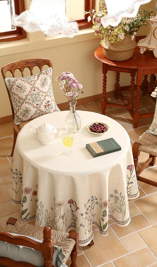 ISAENNE Designer Off White Linen Small Round Tablecloth, Floral Elegant Table - Image 6