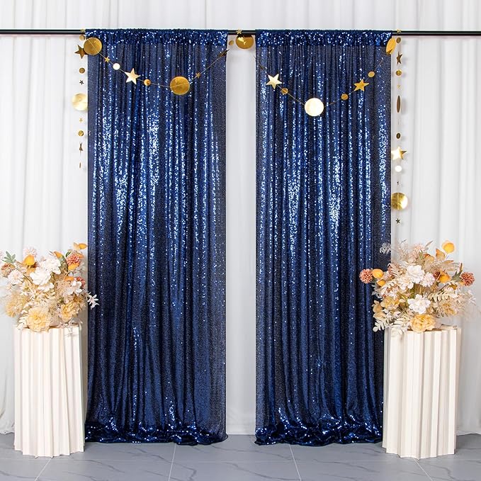 ShinyBeauty Navy Blue Backdrops 2 Pieces Sequin Curtains 4FTx7FT Photograph - Image 3