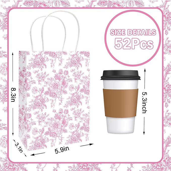 JarThenaAMCS 52Pcs Pink Floral Paper Gift Bag Vintage Wildflower Treat Bags - Image 2