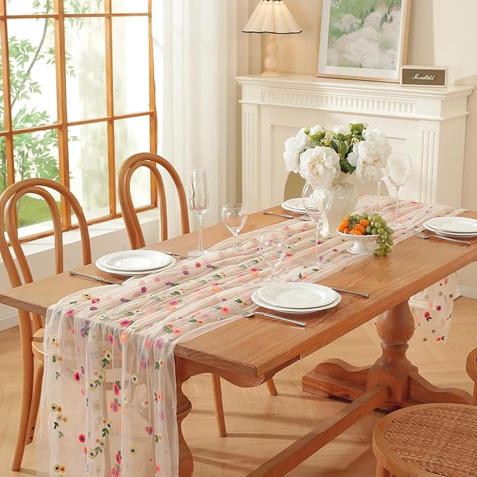 White Embroidery Daisy Fall Table Runner 120Inch 10FT Florals Soft Sheer Tulle - Image 8