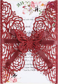 50pcs Burgundy Glitter Wedding Invitation Butterfly Rose Laser Cut Invitation by Maffily