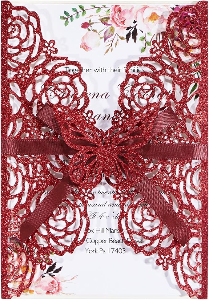 50pcs Burgundy Glitter Wedding Invitation Butterfly Rose Laser Cut Invitation by Maffily
