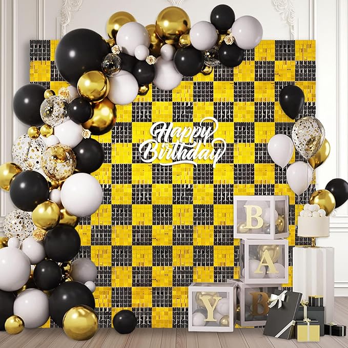 24PCS Black Gold Shimmer Wall Backdrop, Square Sequin Photo Backdrops Panel by ZEBMOON