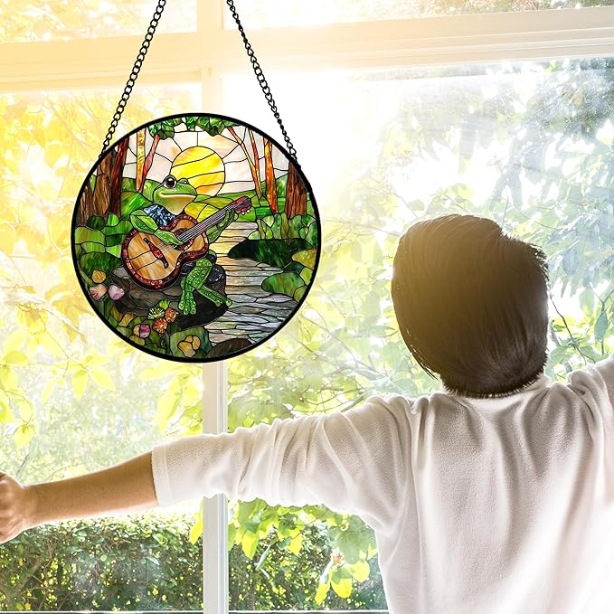 Stained Glass Window Hanging, Frog Playing Guitar Suncatcher Diamond Glass - Image 4