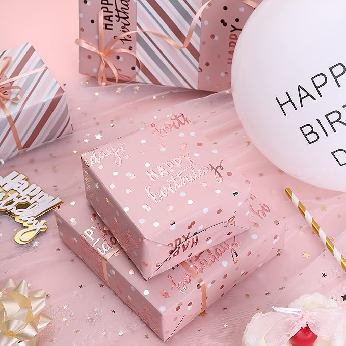 LeZakaa Reversible Pink Birthday Wrapping Paper Roll - Image 2