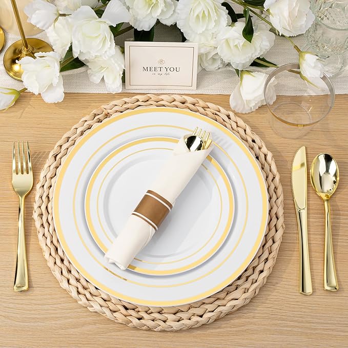 BESTVIP 700PCS Gold Plastic Dinnerware Set - Image 6
