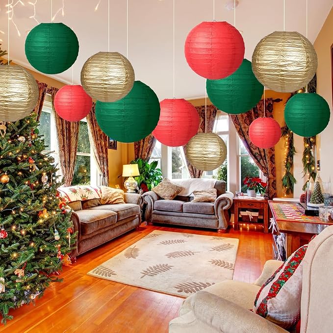 Green Red Paper Lanterns Decorative 12pcs Christmas Hanging Decorations - Image 4