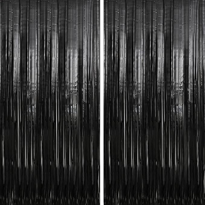 Crosize 8 Pack 3.3 x 9.9 ft Black Foil Fringe Curtains Party Decorations by Crosize