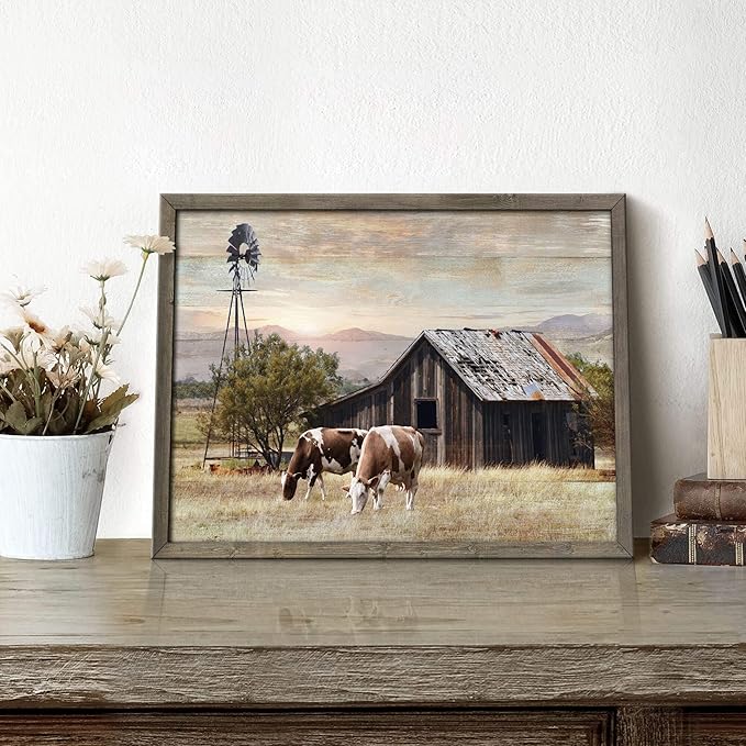 Nature Scene Wooden Framed Art：Horses&Vintage House under the Mountain Painting - Image 3