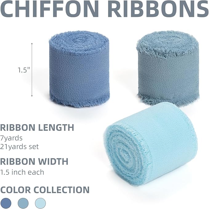 Baby Blue Dusty Blue Handmade Chiffon Ribbon, 1.5" x 21Yd Frayed Silk Ribbons - Image 2
