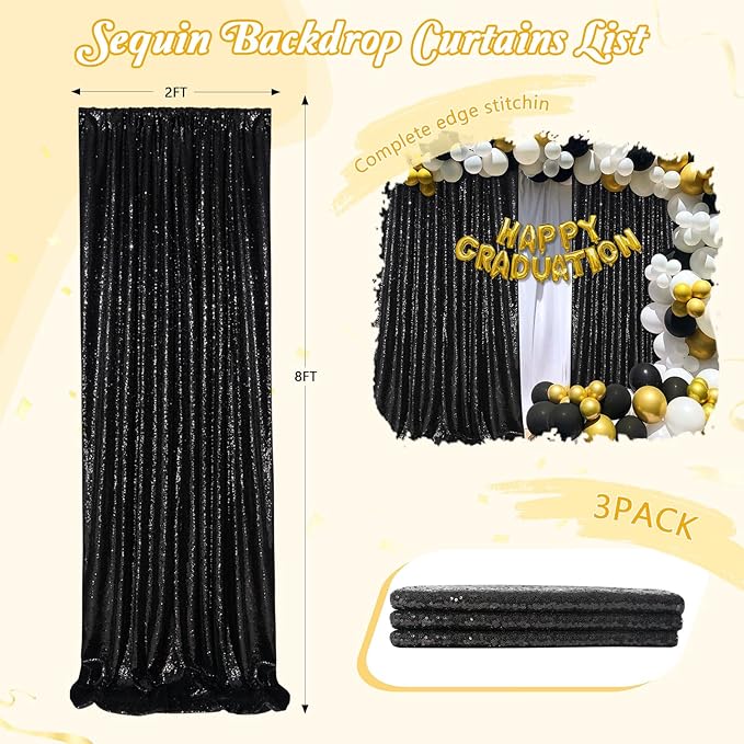 Black Backdrop for Graduation Decorations: 2ftx8ft Black Sequin Halloween - Image 2